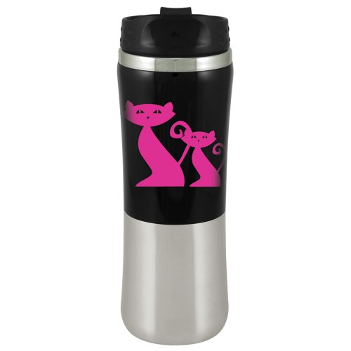 Hues & Brews 14-Ounce Travel Tumbler, Cattitude, Pink Cat on Black