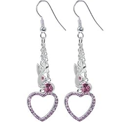 Officially Licensed Playboy Rabbit Head Pink Gem Hollow Heart Dangle Earrings