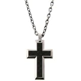 Stainless Steel Men's Cross Pendant Necklace w/ Black Inlay