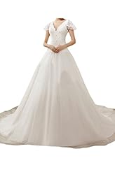 V-neck  Flared-Skirt Lace Natural   Waistline  Ball Gown Wedding Dress 