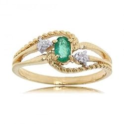 Oval Emerald & Diamond Yellow Gold Rope Ring Size 6