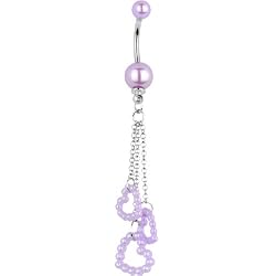 Purple Faux Pearl Hollow Heart Chain Drop Belly Ring