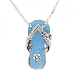 Silver Pendant Necklace Enamel Sandal Baby Blue 16in
