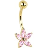 Solid 14kt Yellow Gold Pink Cubic Zirconia Lily Belly Ring