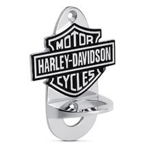 Harley Davidson Wall Mount Bottle Opener. Chrome plated. Bar & Shield logo. Measures 3 7/8" x 2 3/4". Mounting hardware included. 99333-08V