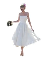 A-line Strapless  Backless Pleated Tea Length Summer Wedding Dress  With Ruffles