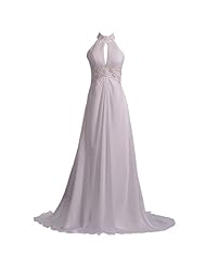 High-Neck Sleeveless Keyhole Beaded Chiffon/Satin Floor Length  Dress