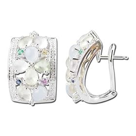 14K White Gold Emerald, Sapphire, Chalcedony, Lemon Quartz & Diamond Earrings