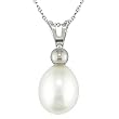 14K White Gold 8-8.5mm White Cultured Freshwater Pearl Drop Pendant with Chain