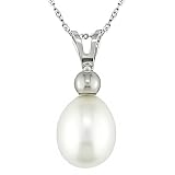 14K White Gold 8-8.5mm White Cultured Freshwater Pearl Drop Pendant with Chain