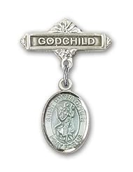 Sterling Silver Baby Badge with Blue St. Christopher Charm and Godchild Badge Pin