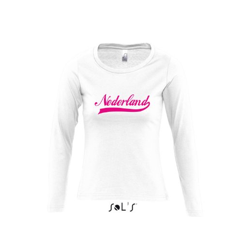 Nederland Oldschool Holland Oranje LÄNDERSHIRT EM / WM FAN Trikot – Damen Langarm Longsleeve T-Shirt S-XL , White – pink , L