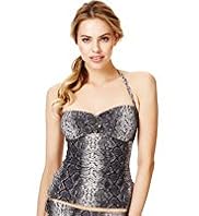 Autograph Jewel Embellished Faux Snakeskin Print Bandeau Tankini Top