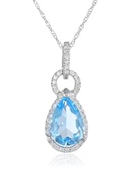 10k White Gold Teardrop Swiss Blue Topaz Diamond Pendant Necklace (1/6cttw, I-J Color, I2-I3 Clarity), 18"