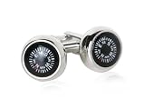 Functional Working Compass Silver Cufflinks with Black Face with Presentation Box