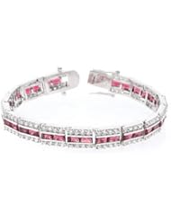 White Gold Rhodium Bonded 7.25 Inch Bracelet with Three Rows of Radiant Red and Round Cut Clear Cubic Zirconia in a Channel Setting and a Box Clasp in Silvertone
