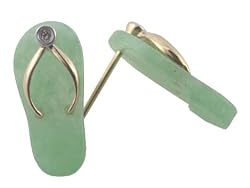 Light Green Jade Flip-Flop Single Diamond Strap Sandal Earrings, 14k Gold