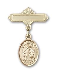 Gold Filled Baby Badge with St. Albert the Great Charm and Polished Badge Pin. Catholic Saint Albert the Great Patron Saint of Medical Technicians, Scientists, Universal Church, Philosophers
