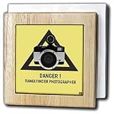 Kike Calvo Photography Collection - Danger.Rangefinder photographer.Black text and triangle, beige background, flash camera - Tile Napkin Holders