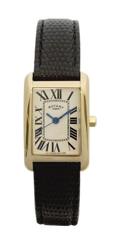 Rotary Ladies Gold Plated Square White Dial Leather Strap Watch
