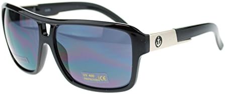 Mens Large Rectangular Boat Anchor Logo Sporty Plastic Sunglasses Black Silver