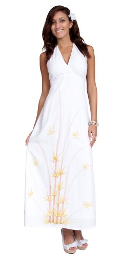 Women's Long Dress with Batik Bamboo Design by 1 World Sarongs in White