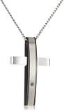 Cold Steel Stainless Steel and Black Immersion Plate .015Ct Diamond Mens Cross Pendant Necklace