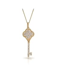 Valentines Day Gifts Bling Jewelry Gold Vermeil CZ Clover Key Pendant Necklace