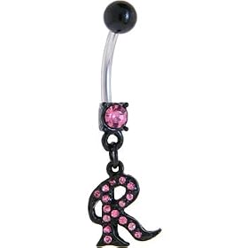 Black Anodized PINK Jeweled Initial Belly Ring-LETTER "R" by 