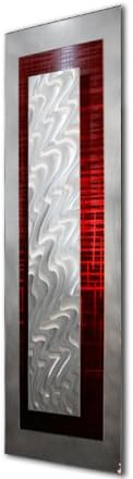 Silver / Metallic Red Wall Decor 'Ibidem' - 12x48 in. - Unique Contemporary Modern Art w/ Aluminum Back Panel w/ Lines Pattern - Red Frame Design - Silver Abstract Art