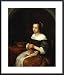 A Woman Knitting With a Basket of Fruit by Caspar Netscher 12.00X14.00 Framed with Black Metal Frame
