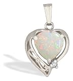 14K White Gold Genuine Heart Opal and Diamond Pendant