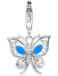 Sterling Silver Butterfly Charm with Lobster Clasp Blue Enamel for Charm Bracelet, Weight 2.80g, Width 9/16 Inch, Length 1 1/8 Inch