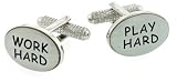 Rhodium plated work hard play hard cufflinks with presentation box
