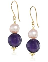 Amethyst Round Bead and Pink Freshwater Cultured Pearl with Gold Over Silver Earwire Drop Earrings