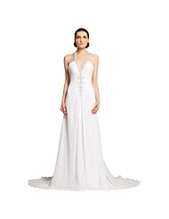 V-neck Full Length Crystal Beaded Pleated Empire   Waistline Halter Sleeveless Chiffon/Polyester Wedding Dress  with a Court Train 