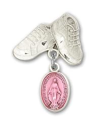 Sterling Silver Baby Badge with Pink Miraculous Charm and Baby Boots Pin