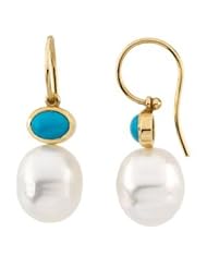 Jewelplus South Sea Cultured Pearl & Genuine Turquoise Earrings 14K White Pair 07.00X05.00Mm/11.00Mm
