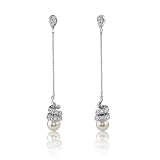 Delightful Chic: Sterling Silver Celebrity Style White Pearl CZ Diamond Dangle Earrings
