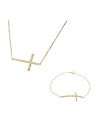Sterling Silver Rose Gold Womens Horizontal Cross White Crystals CZ Pendant Necklace Link Chain Bracelet Set
