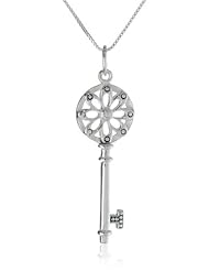 Sterling Silver Key with Flower Pendant Necklace , 18"