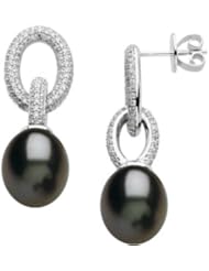 14K White Gold 10mm Freshwater Black Pearl Diamond Earrings - 1 1/5 cttw