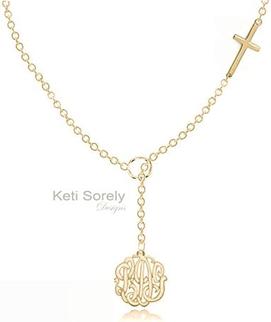Personalized Lariat Necklace with Monogrammed Initials Charm and Sideways Cross (gold-filled)