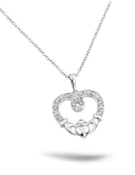 Sterling Silver Rhodium Plated Heart With Hands Claddagh Cz Necklace 16 Inch Plus 1 Inch Chain