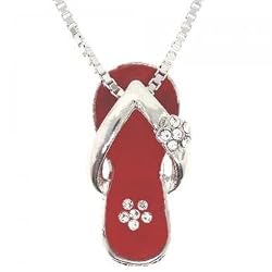 Red Enamel Pendant Necklace in 925 Sterling Silver Flower Sandal - 16 Inch