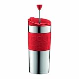BODUM Travel Press Set Small Stainless Steel Coffee Maker with Extra Lid, Vacuum, 0.35 Litre/ 12 oz, Red