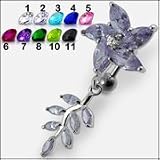 Flower Belly Ring with Dangling Laurel Leafs Body Jewelry