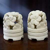 NOVICA Sandstone candleholders Frangipani (pair)