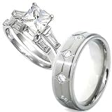 3 Pieces Men's Women's, His & Hers, 925 Sterling Silver Rhodium Plated Engagement Rings Set, & Titanium Wedding Band Cz: Princess, Emerald, Round Cut, AVAILABLE SIZES men's 8,9,10,11,12; women's set: 5,6,7,9.