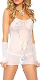 Sexy White Mesh Rhinestone Gem Bridal Lingerie Mini Dress Set with Gloves 4pcs